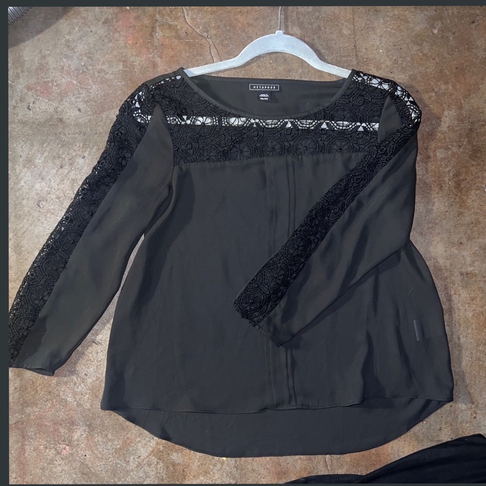 Long sleeve black blouse w black lace trim details, by Metaphor.  Size XS